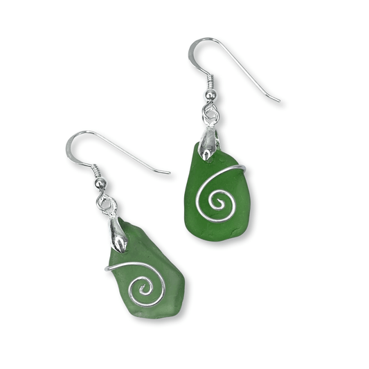 Sea Glass Earrings - Olive Green Celtic Silver Wire Wrapped Jewellery - East Neuk Beach Crafts