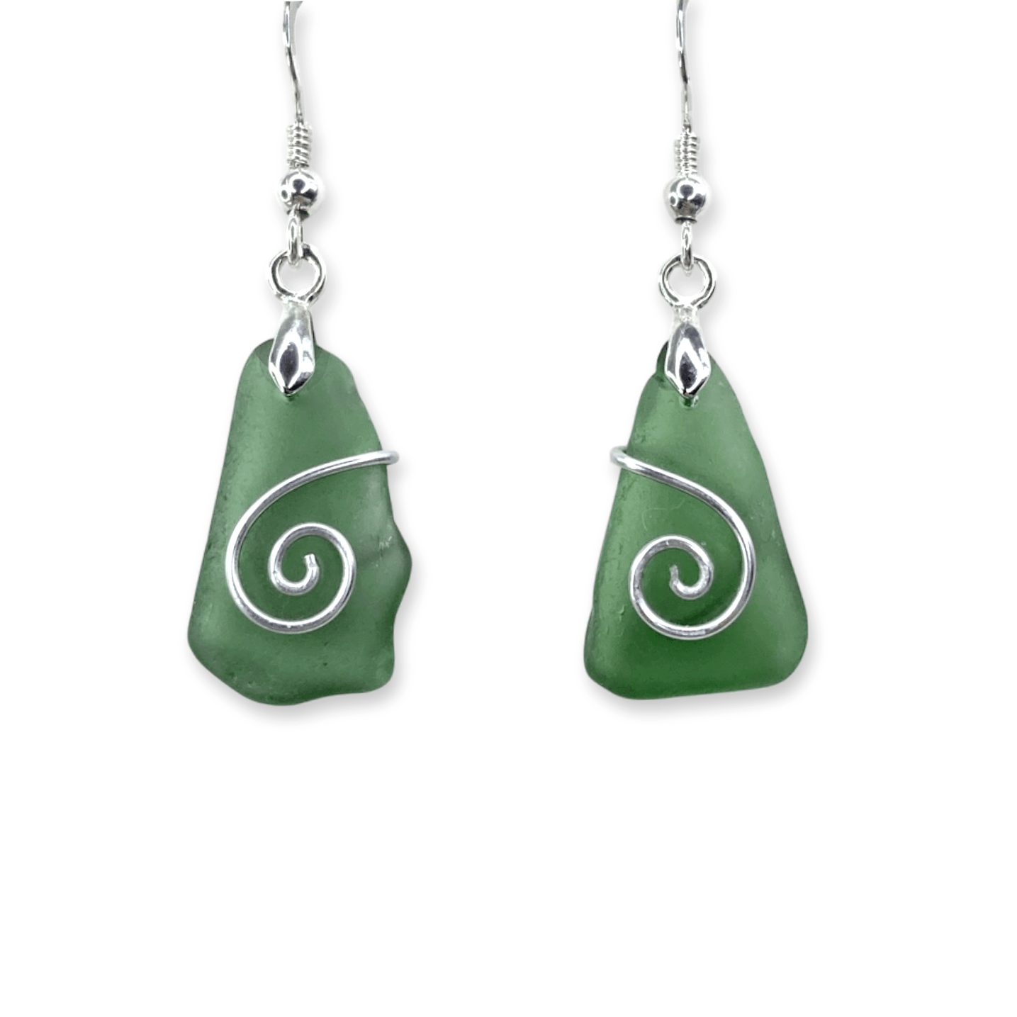 Sea Glass Earrings - Olive Green Celtic Silver Wire Wrapped Jewellery - East Neuk Beach Crafts