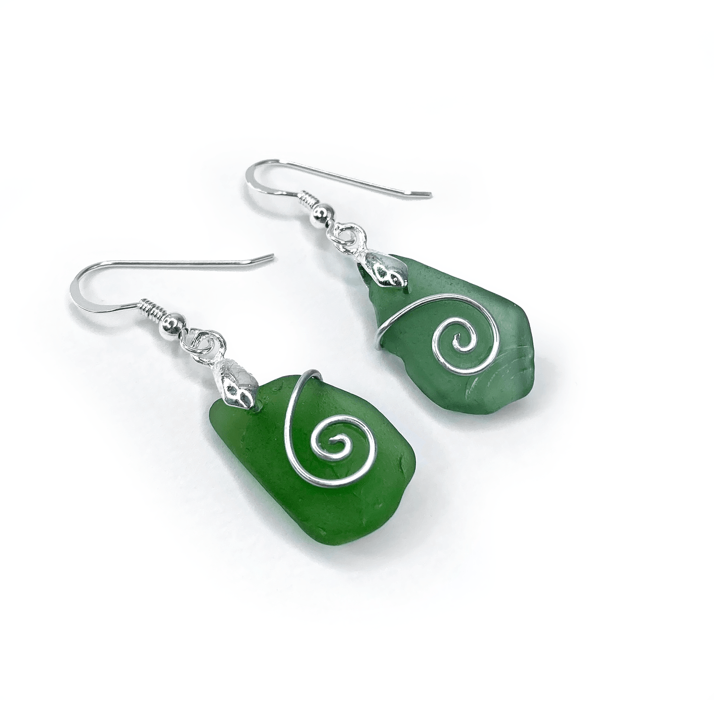 Sea Glass Earrings - Olive Green Celtic Silver Wire Wrapped Jewellery - East Neuk Beach Crafts