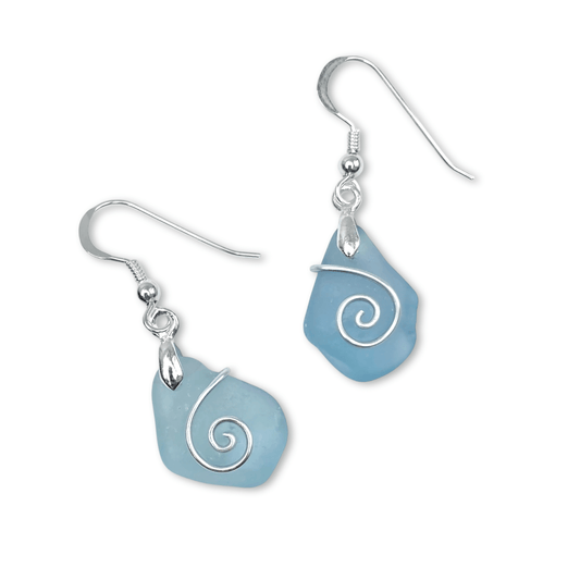 Sea Glass Earrings - Pale Blue Celtic Silver Wire Wrapped Jewellery - East Neuk Beach Crafts