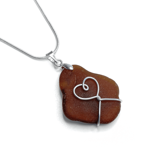 Sea Glass Necklace - Amber Brown Heart Wire Wrapped Pendant - Scottish Silver Jewellery - East Neuk Beach Crafts