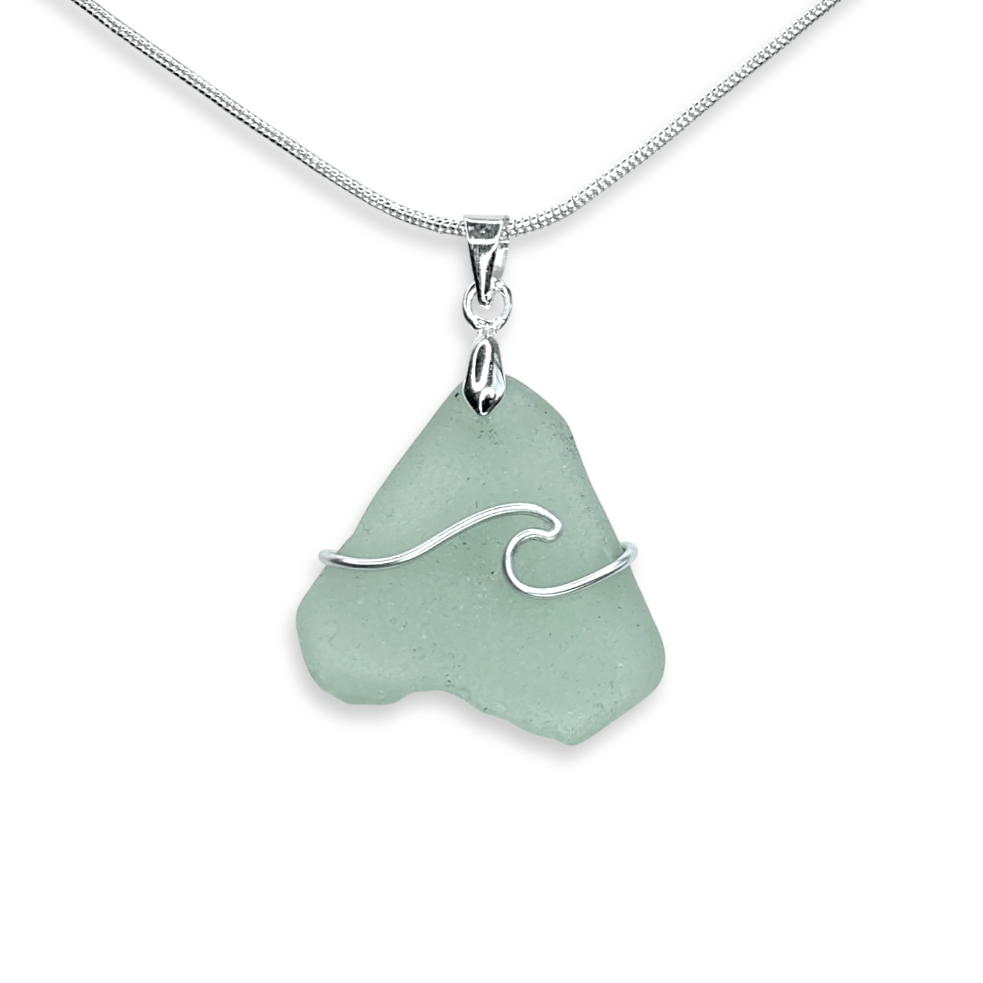 Sea Glass Necklace - Aqua Green Wave Wire Wrapped Pendant - Scottish Silver Jewellery - East Neuk Beach Crafts