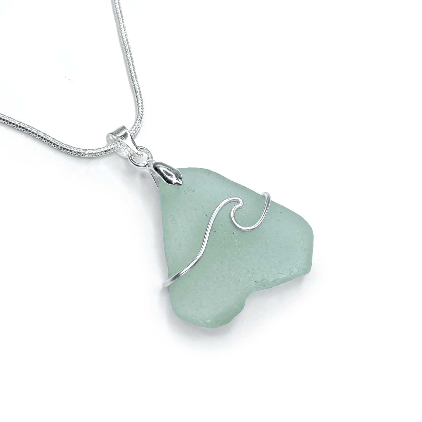 Sea Glass Necklace - Aqua Green Wave Wire Wrapped Pendant - Scottish Silver Jewellery - East Neuk Beach Crafts