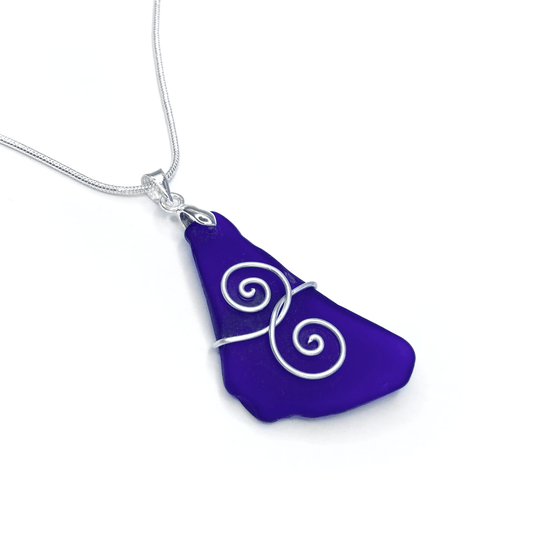 Sea Glass Necklace - Dark Blue 'Friendship' Interlocking Spirals Pendant - Silver Scottish Beach Jewellery - East Neuk Beach Crafts