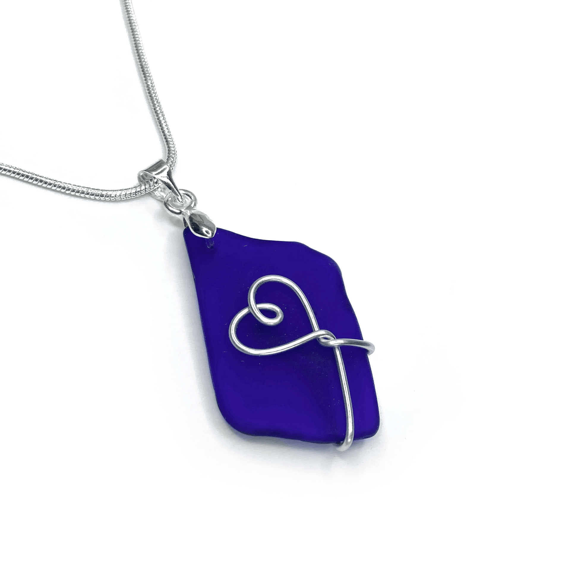 Sea Glass Necklace - Dark Blue Heart Wire Wrapped Pendant - Scottish Silver Jewellery - East Neuk Beach Crafts