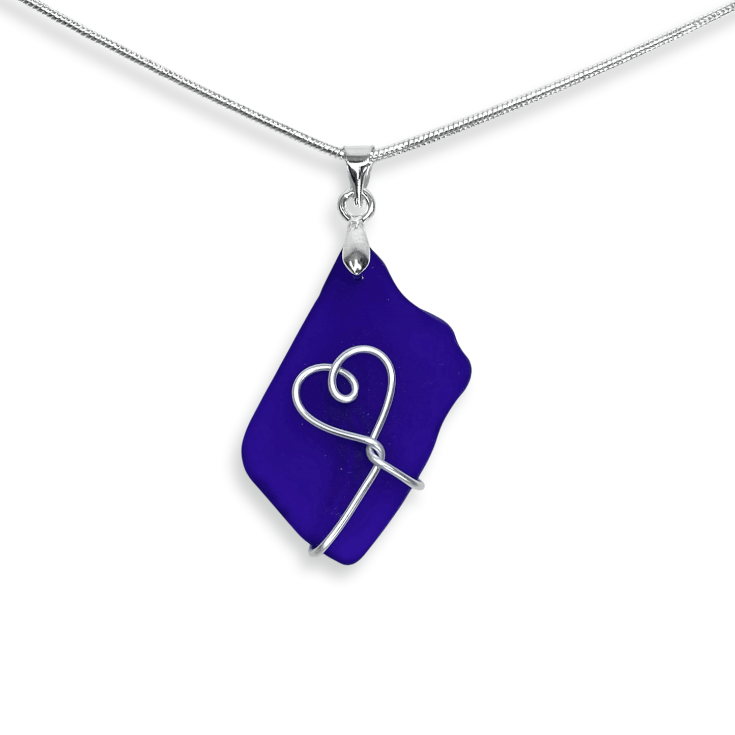 Sea Glass Necklace - Dark Blue Heart Wire Wrapped Pendant - Scottish Silver Jewellery - East Neuk Beach Crafts