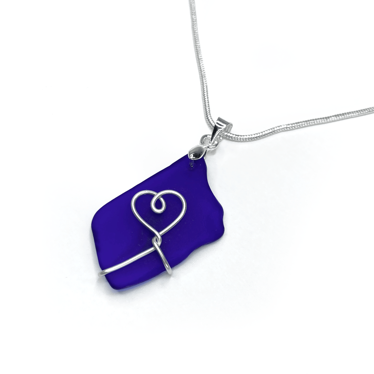 Sea Glass Necklace - Dark Blue Heart Wire Wrapped Pendant - Scottish Silver Jewellery - East Neuk Beach Crafts