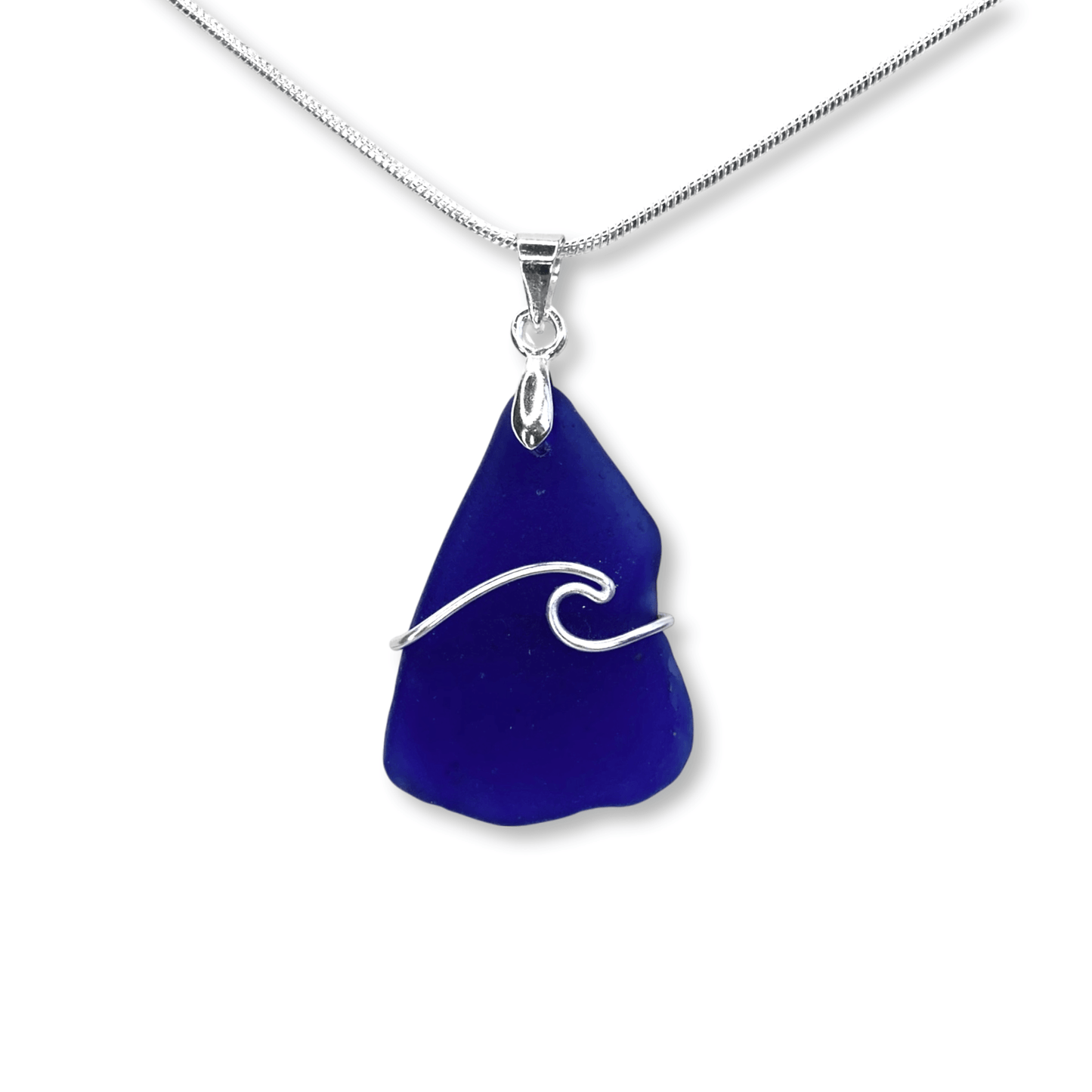 Sea Glass Necklace - Dark Blue Wave Wire Wrapped Pendant - Scottish Silver Jewellery - East Neuk Beach Crafts