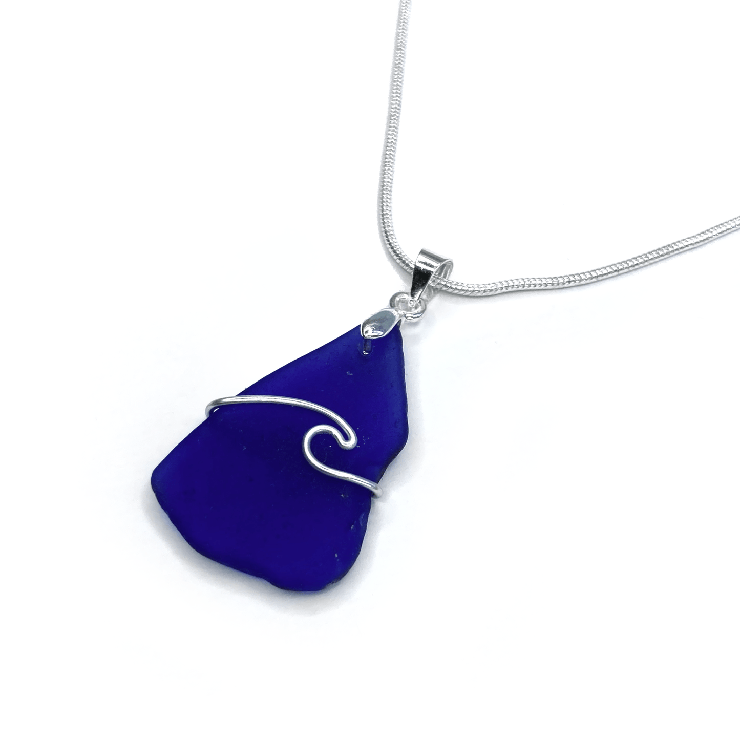 Sea Glass Necklace - Dark Blue Wave Wire Wrapped Pendant - Scottish Silver Jewellery - East Neuk Beach Crafts