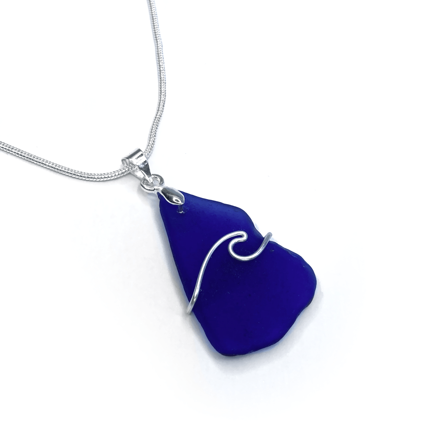 Sea Glass Necklace - Dark Blue Wave Wire Wrapped Pendant - Scottish Silver Jewellery - East Neuk Beach Crafts