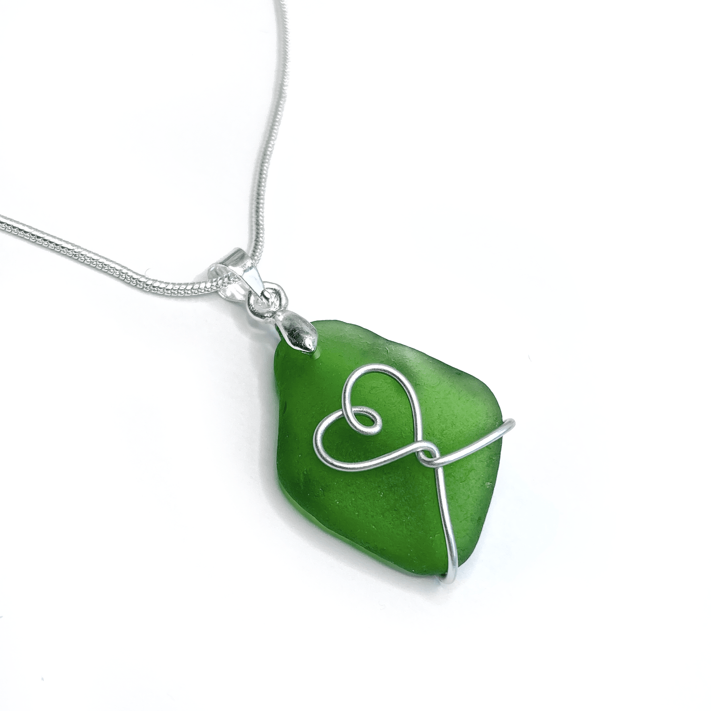 Sea Glass Necklace - Emerald Green Heart Wire Wrapped Pendant - Scottish Silver Jewellery - East Neuk Beach Crafts