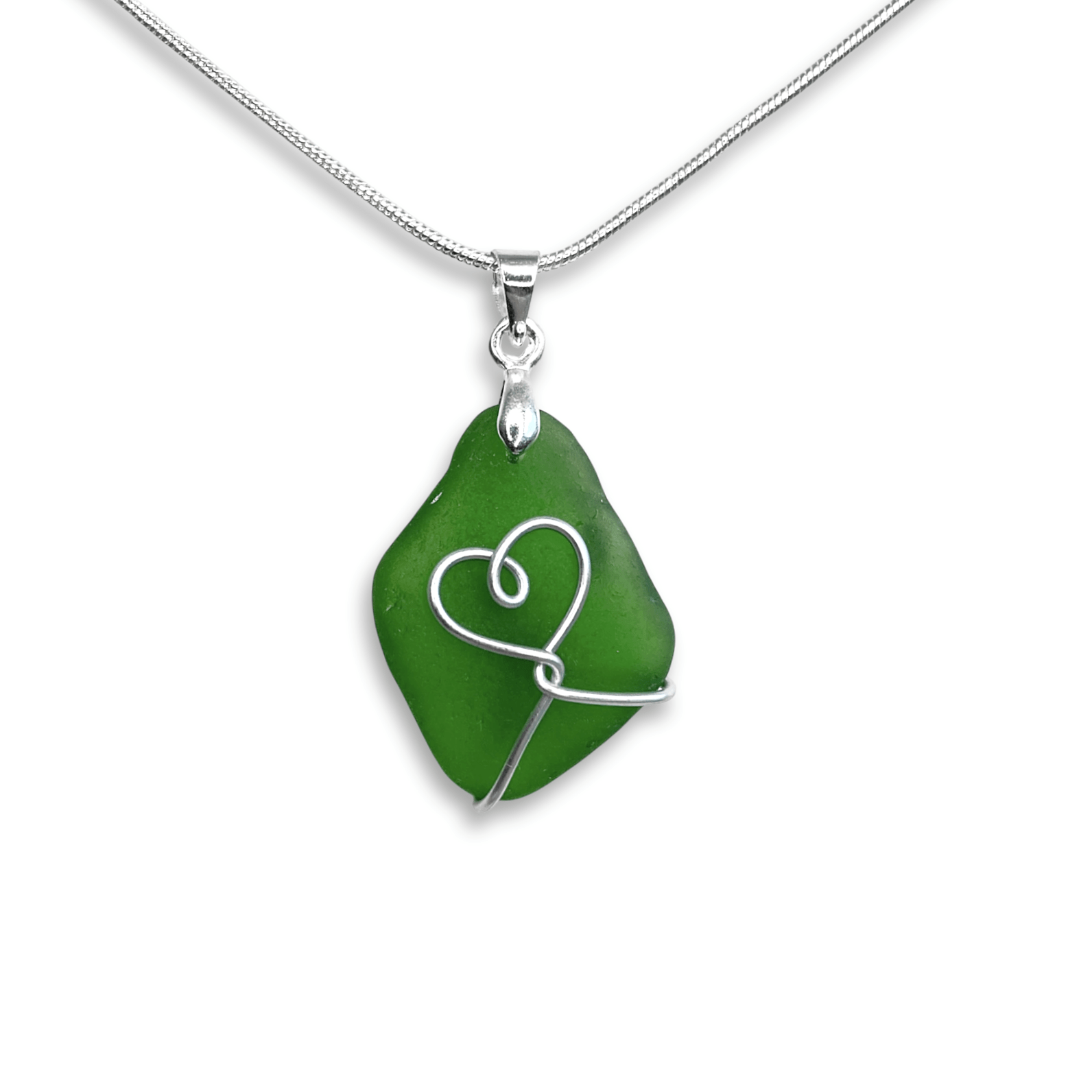 Sea Glass Necklace - Emerald Green Heart Wire Wrapped Pendant - Scottish Silver Jewellery - East Neuk Beach Crafts