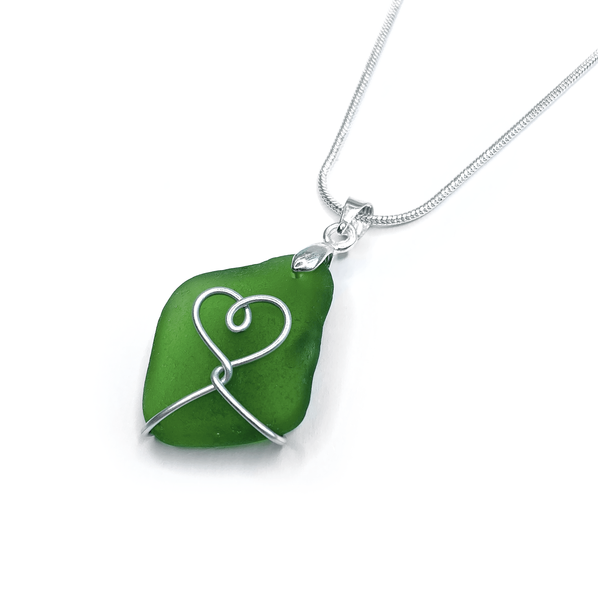 Sea Glass Necklace - Emerald Green Heart Wire Wrapped Pendant - Scottish Silver Jewellery - East Neuk Beach Crafts