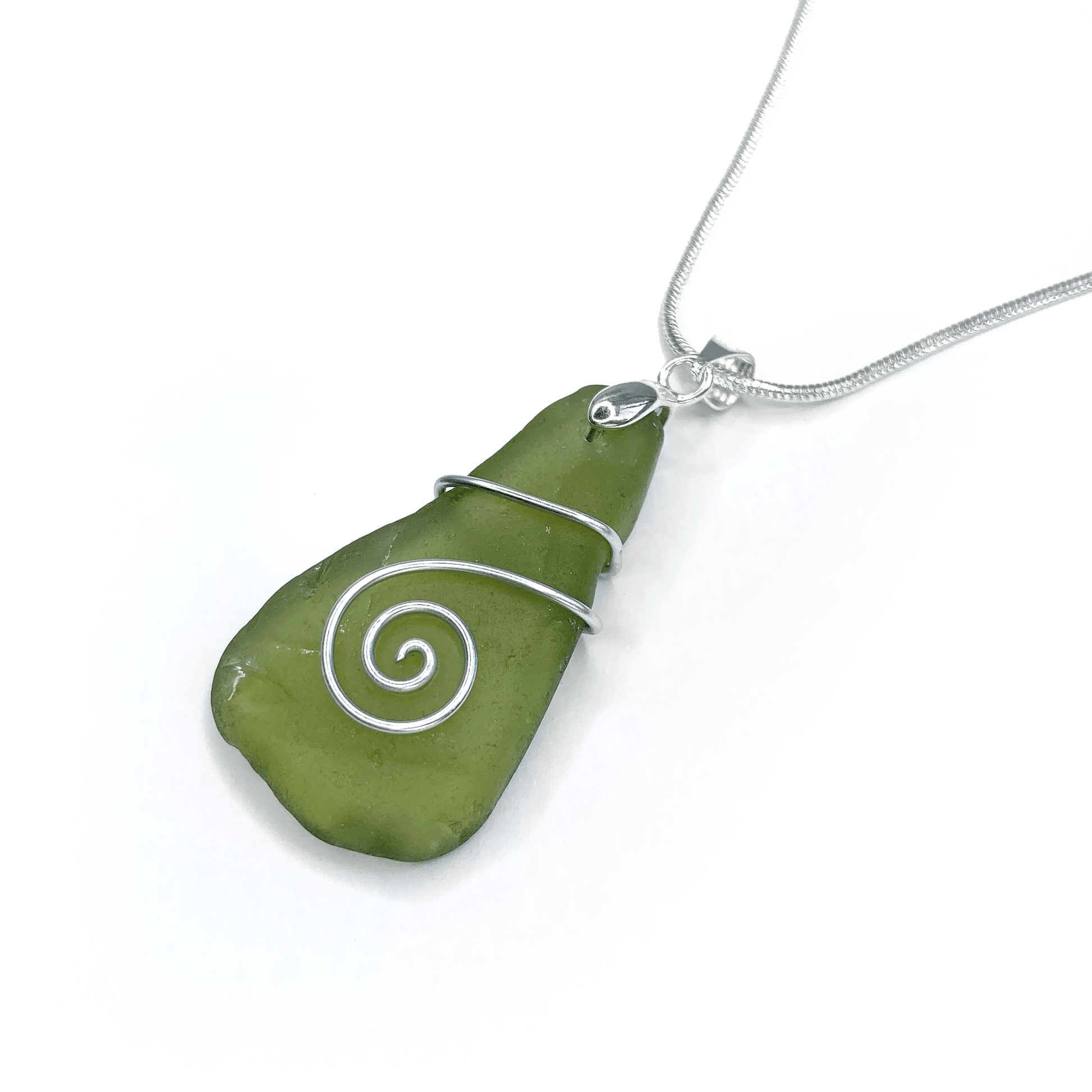 Sea Glass Necklace - Olive Green Celtic Wire Wrapped Pendant - Scottish Silver Jewellery - East Neuk Beach Crafts