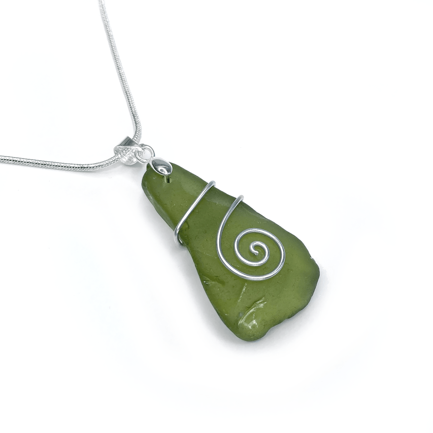 Sea Glass Necklace - Olive Green Celtic Wire Wrapped Pendant - Scottish Silver Jewellery - East Neuk Beach Crafts