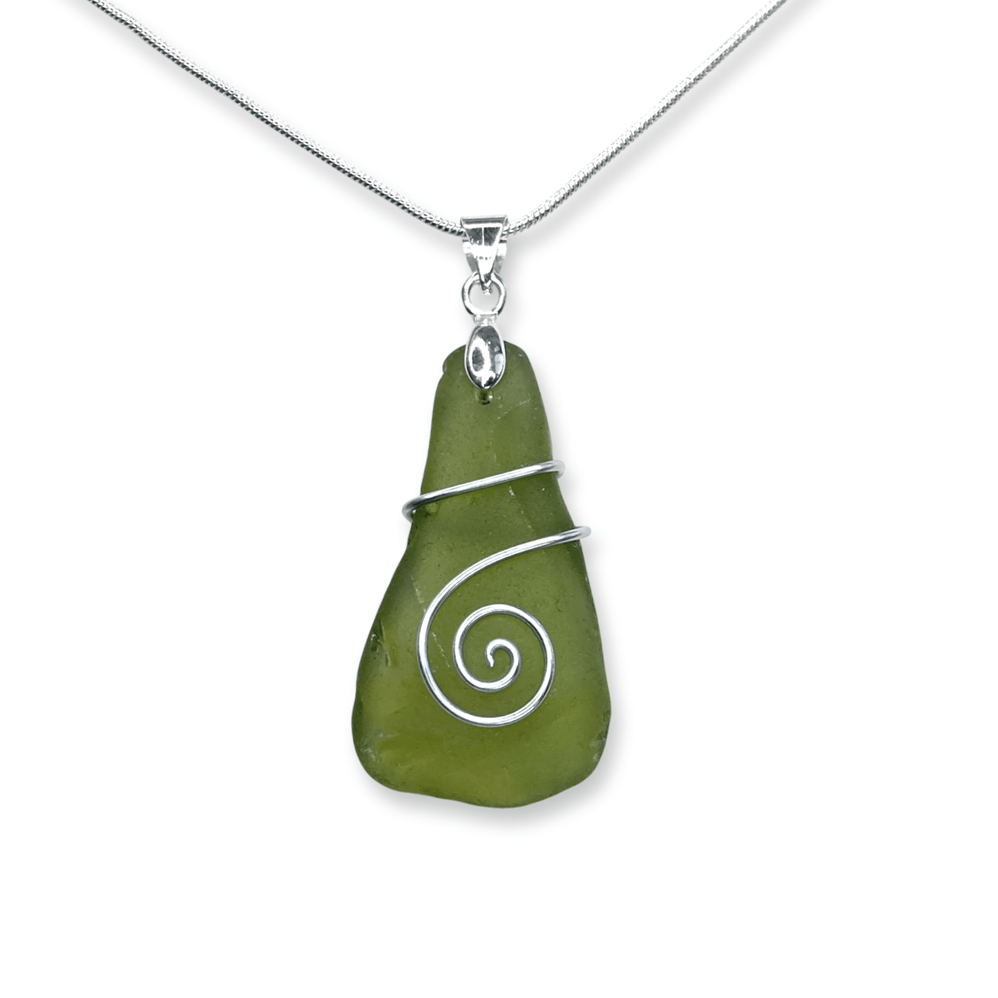 Sea Glass Necklace - Olive Green Celtic Wire Wrapped Pendant - Scottish Silver Jewellery - East Neuk Beach Crafts