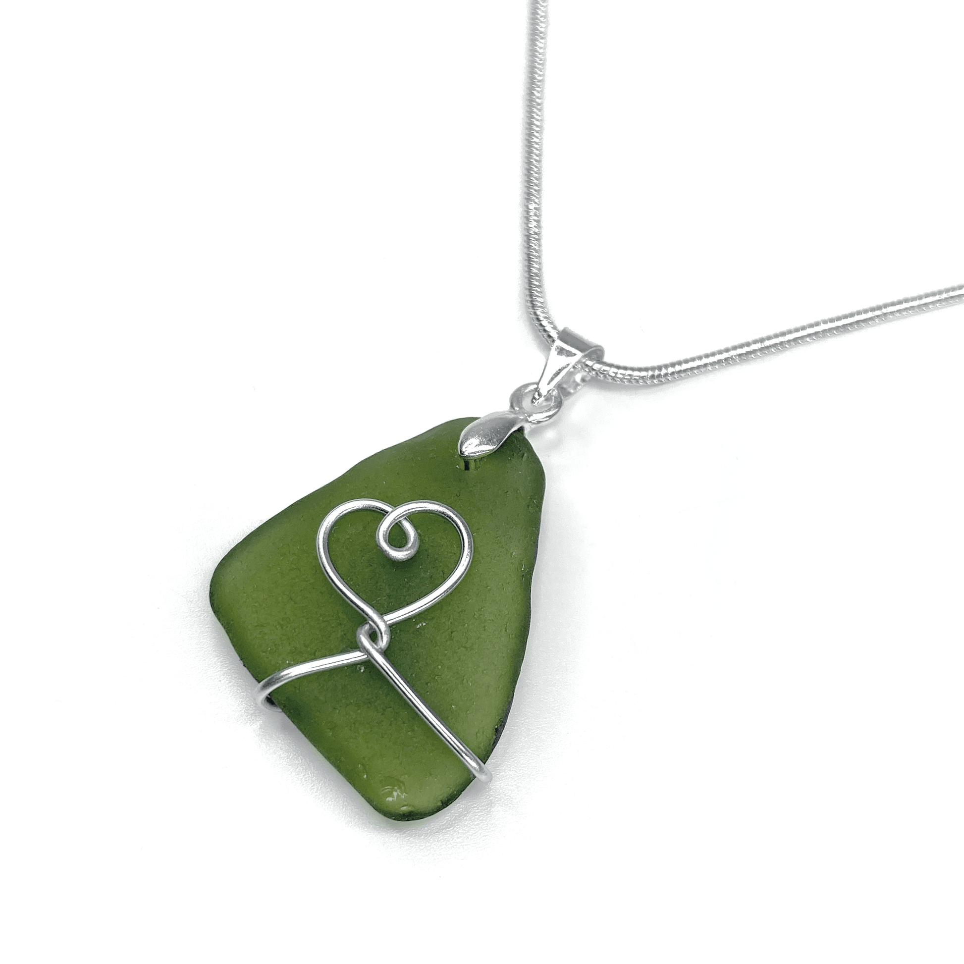 Sea Glass Necklace - Olive Green Heart Wire Wrapped Pendant - Scottish Silver Jewellery - East Neuk Beach Crafts