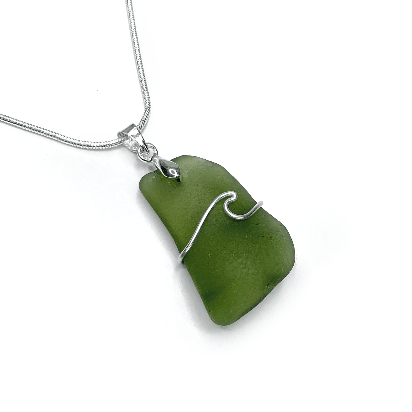 Sea Glass Necklace - Olive Green Wave Wire Wrapped Pendant - Scottish Silver Jewellery - East Neuk Beach Crafts