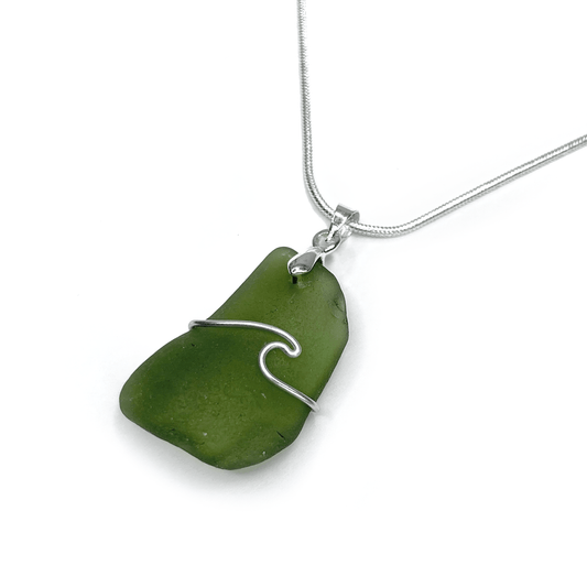 Sea Glass Necklace - Olive Green Wave Wire Wrapped Pendant - Scottish Silver Jewellery - East Neuk Beach Crafts