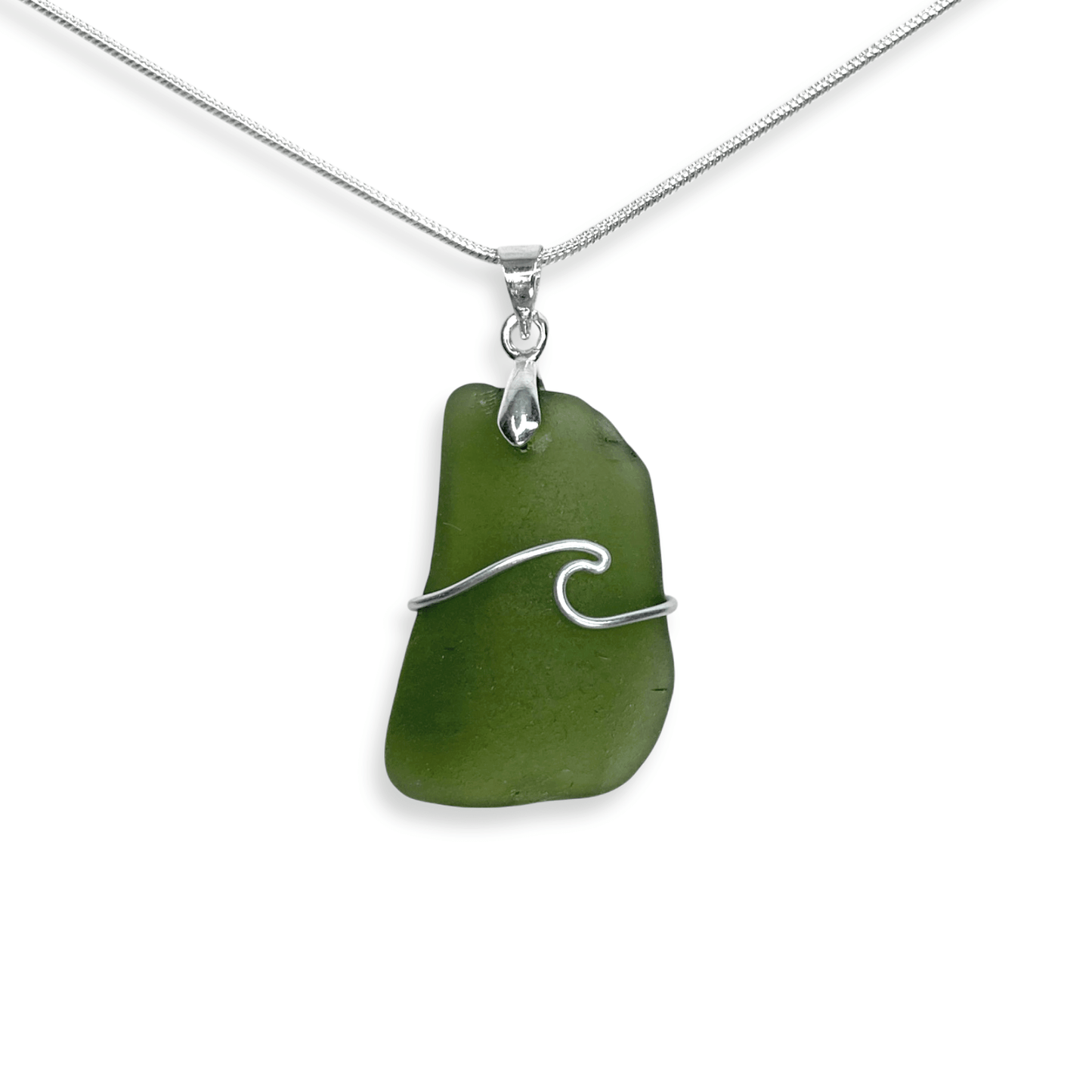 Sea Glass Necklace - Olive Green Wave Wire Wrapped Pendant - Scottish Silver Jewellery - East Neuk Beach Crafts