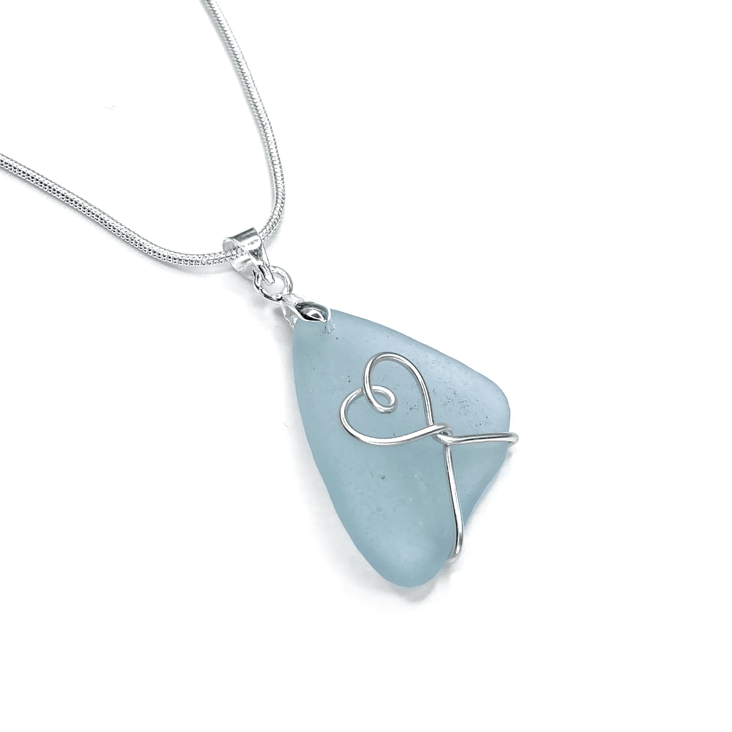 Sea Glass Necklace - Pale Blue Heart Wire Wrapped Pendant - Scottish Silver Jewellery - East Neuk Beach Crafts