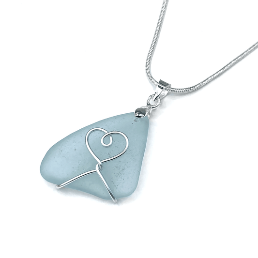 Sea Glass Necklace - Pale Blue Heart Wire Wrapped Pendant - Scottish Silver Jewellery - East Neuk Beach Crafts