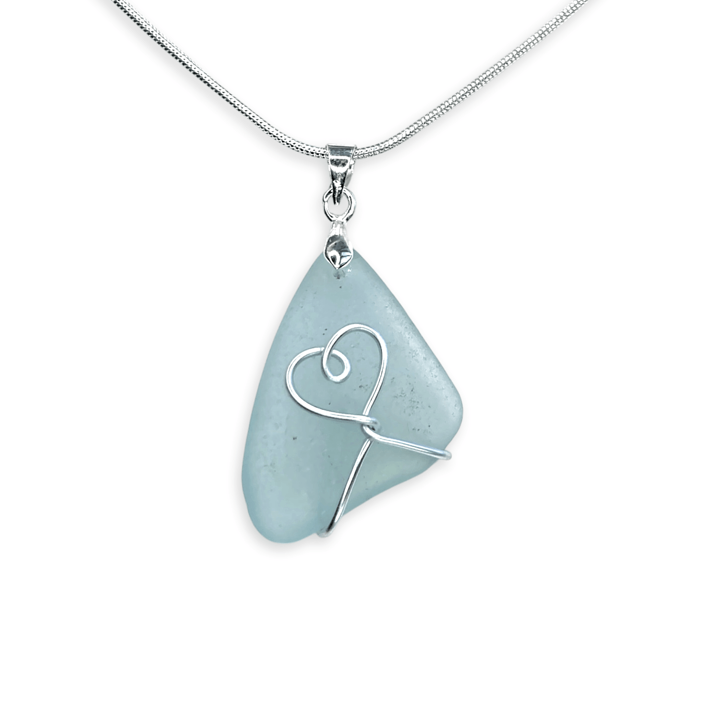 Sea Glass Necklace - Pale Blue Heart Wire Wrapped Pendant - Scottish Silver Jewellery - East Neuk Beach Crafts