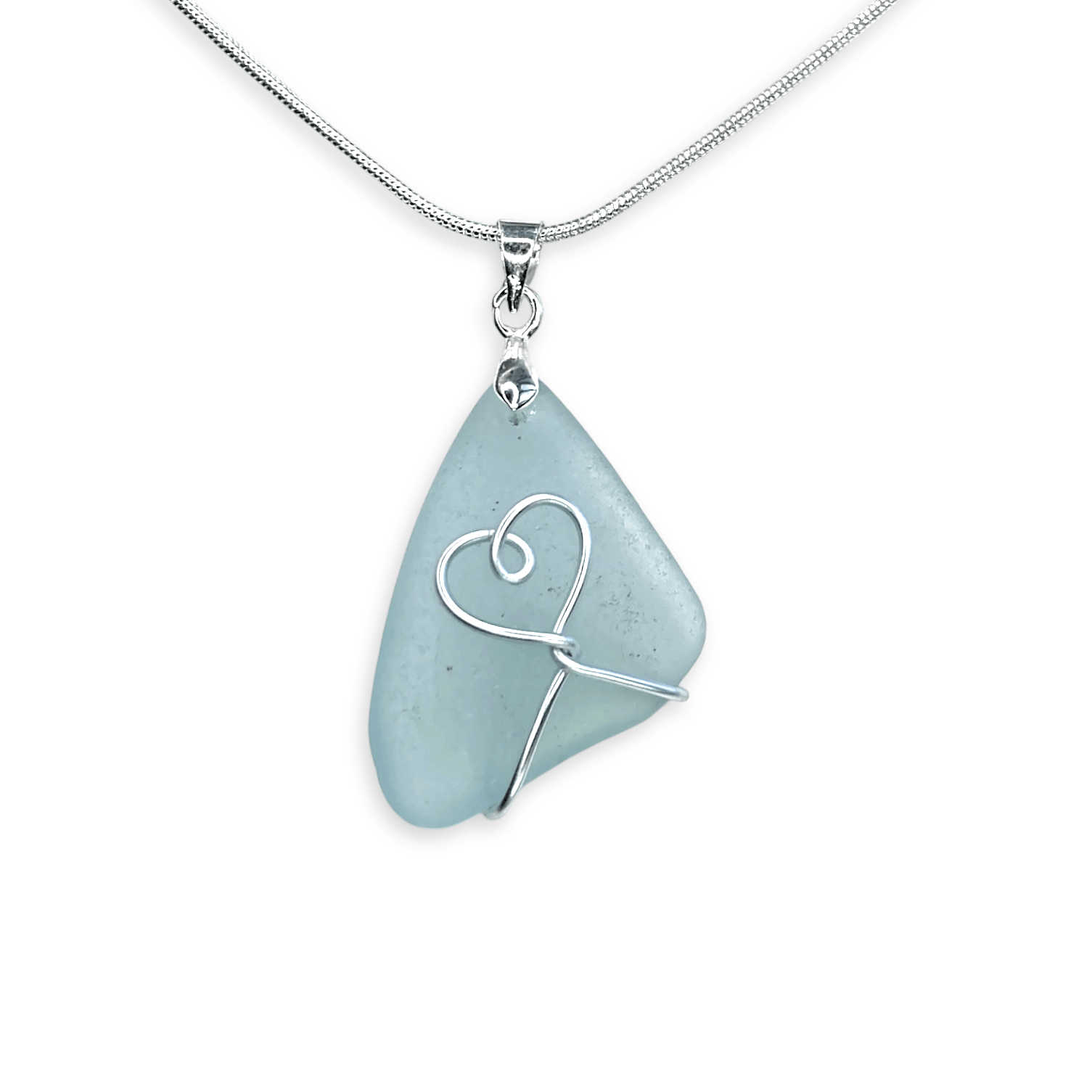 Sea Glass Necklace - Pale Blue Heart Wire Wrapped Pendant - Scottish Silver Jewellery - East Neuk Beach Crafts