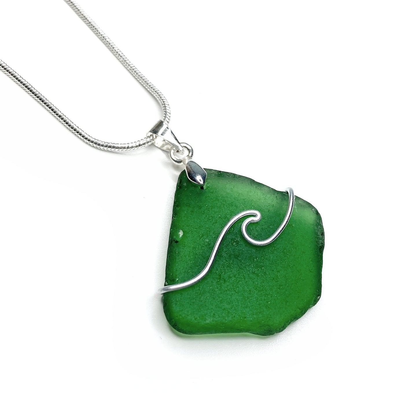 Sea Glass Pendant - Emerald Green Wave Wire Wrapped Necklace - Scottish Silver Jewellery - East Neuk Beach Crafts