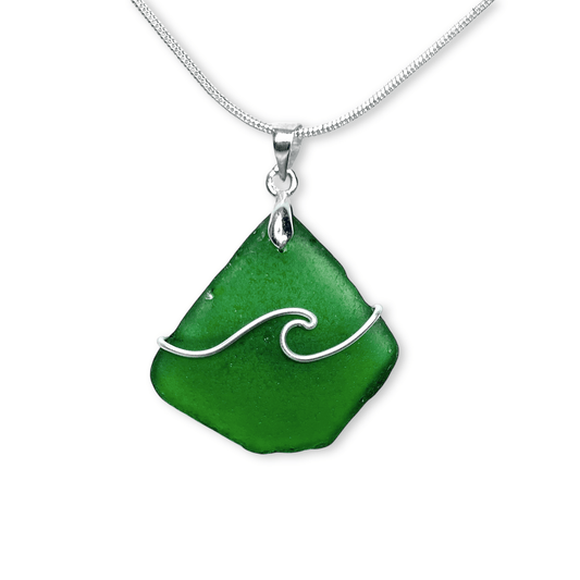 Sea Glass Pendant - Emerald Green Wave Wire Wrapped Necklace - Scottish Silver Jewellery - East Neuk Beach Crafts