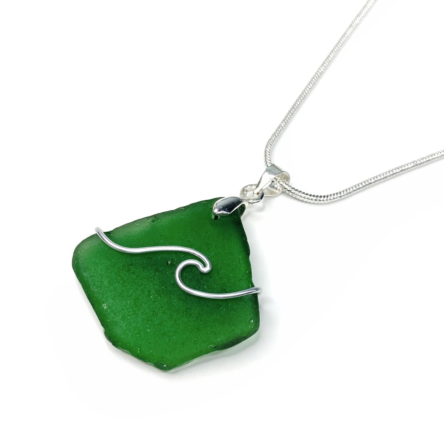 Sea Glass Pendant - Emerald Green Wave Wire Wrapped Necklace - Scottish Silver Jewellery - East Neuk Beach Crafts