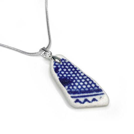 Sea Pottery Necklace - Antique Beach China - Blue Willow Pattern Pendant - East Neuk Beach Crafts