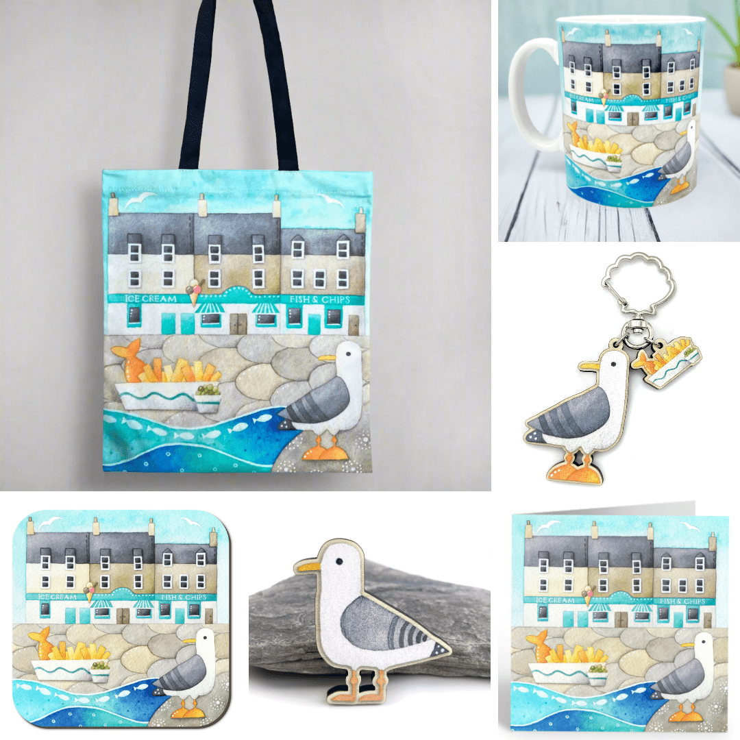 Seagull Gift Bundle - Fish and Chips - Tote, Mug, Keyring, Coaster, Fridge Magnet, Card - Save £5 - East Neuk Beach Crafts