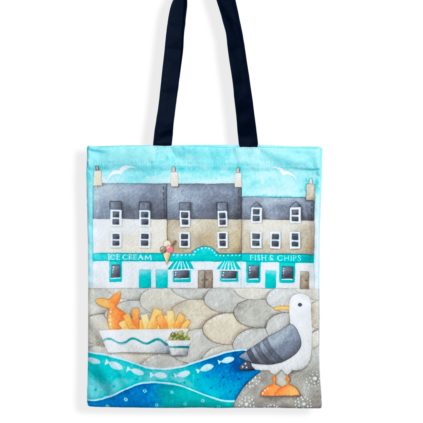 Seagull Shopping Bag - Seaside Tote Bag - Seagull with Fish and Chips - East Neuk Beach Crafts