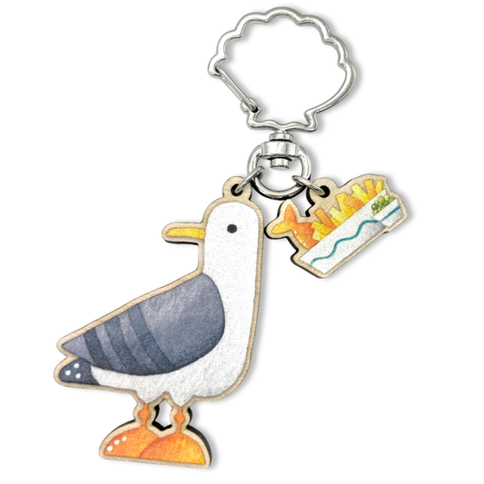 Wooden Keyring - Seagull with Fish and Chips - Maple Wood Key Chain with Shell Clasp