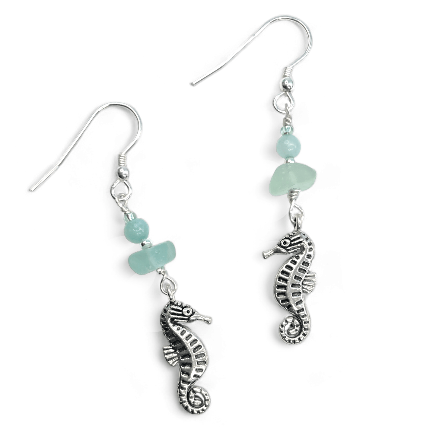 Seahorse Earrings - Green Sea Glass and Amazonite Sterling Silver Jewellery - East Neuk Beach Crafts