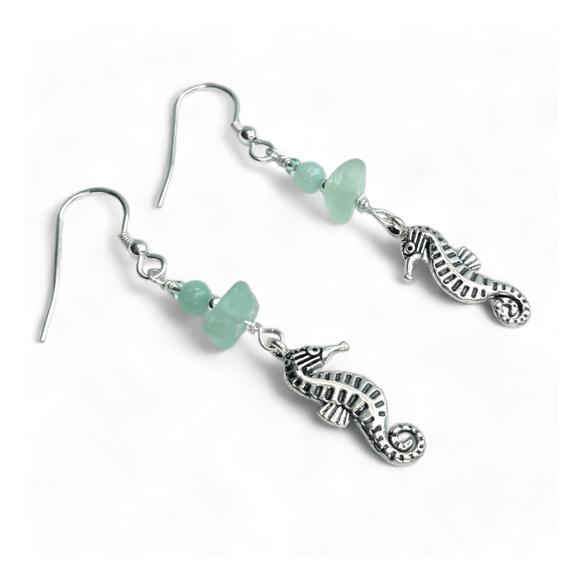 Seahorse Earrings - Green Sea Glass and Amazonite Sterling Silver Jewellery - East Neuk Beach Crafts