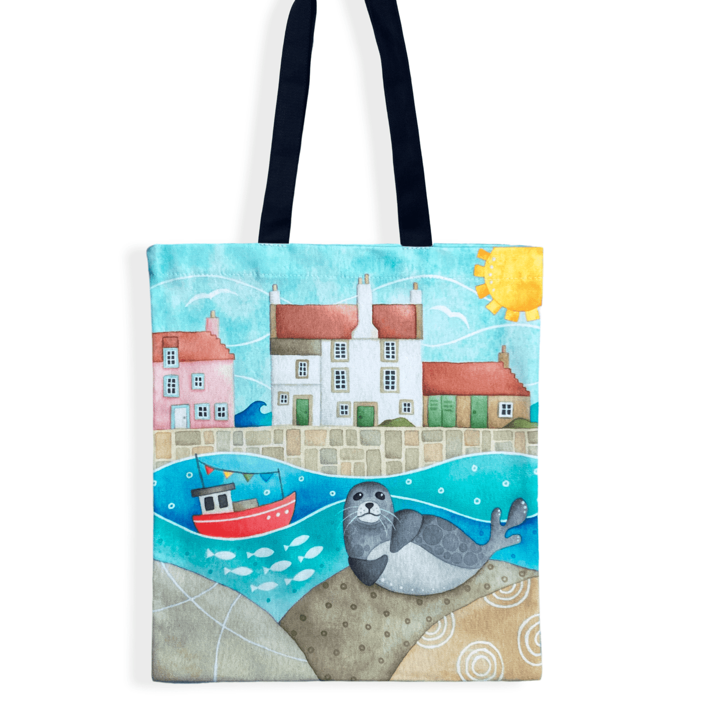 Seal Shopping Bag - Seaside Tote Bag - Sammy Seal at Pittenweem Harbour - East Neuk Beach Crafts