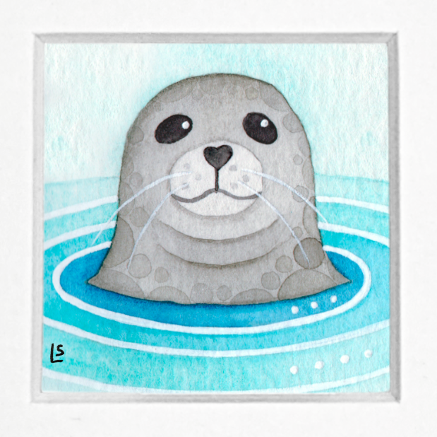 Original Watercolour Painting - Tiny Seal - Framed, Mounted and Signed