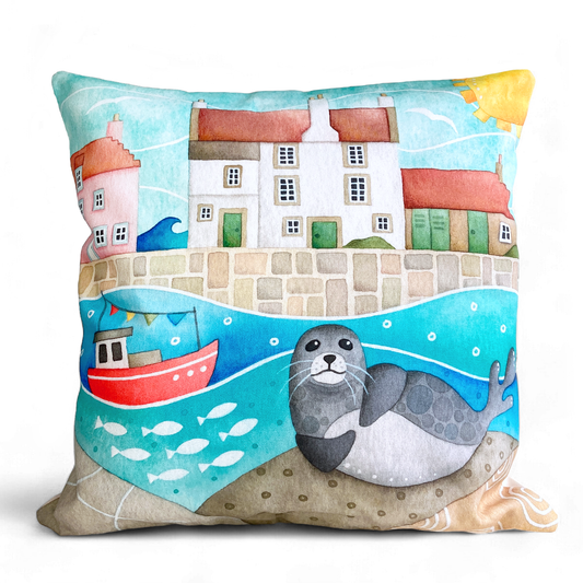 Cushion Cover - Sammy Seal at Pittenweem Harbour - Seaside Watercolours