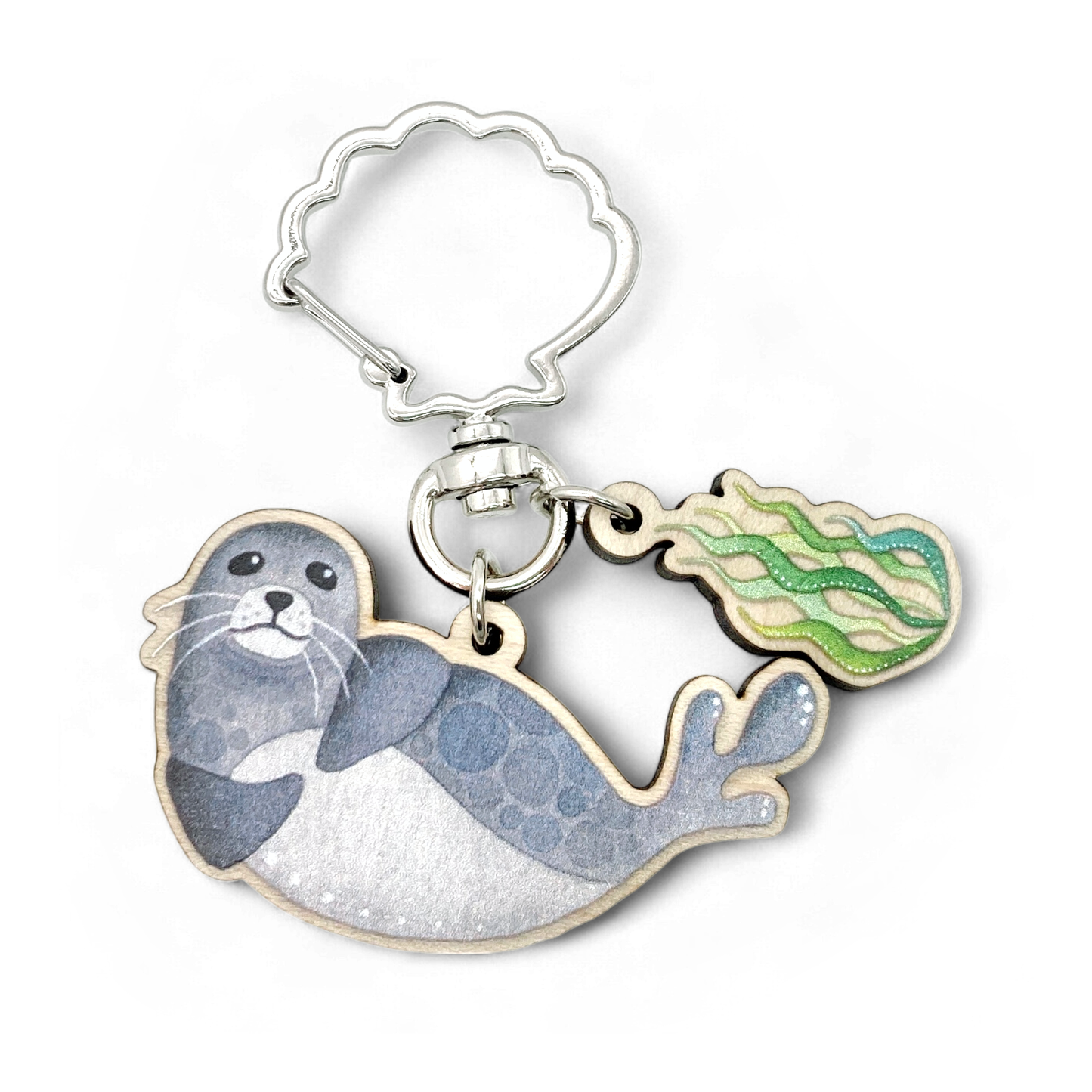 Wooden Keyring - Seal with Seaweed - Maple Wood Key Chain with Shell Clasp