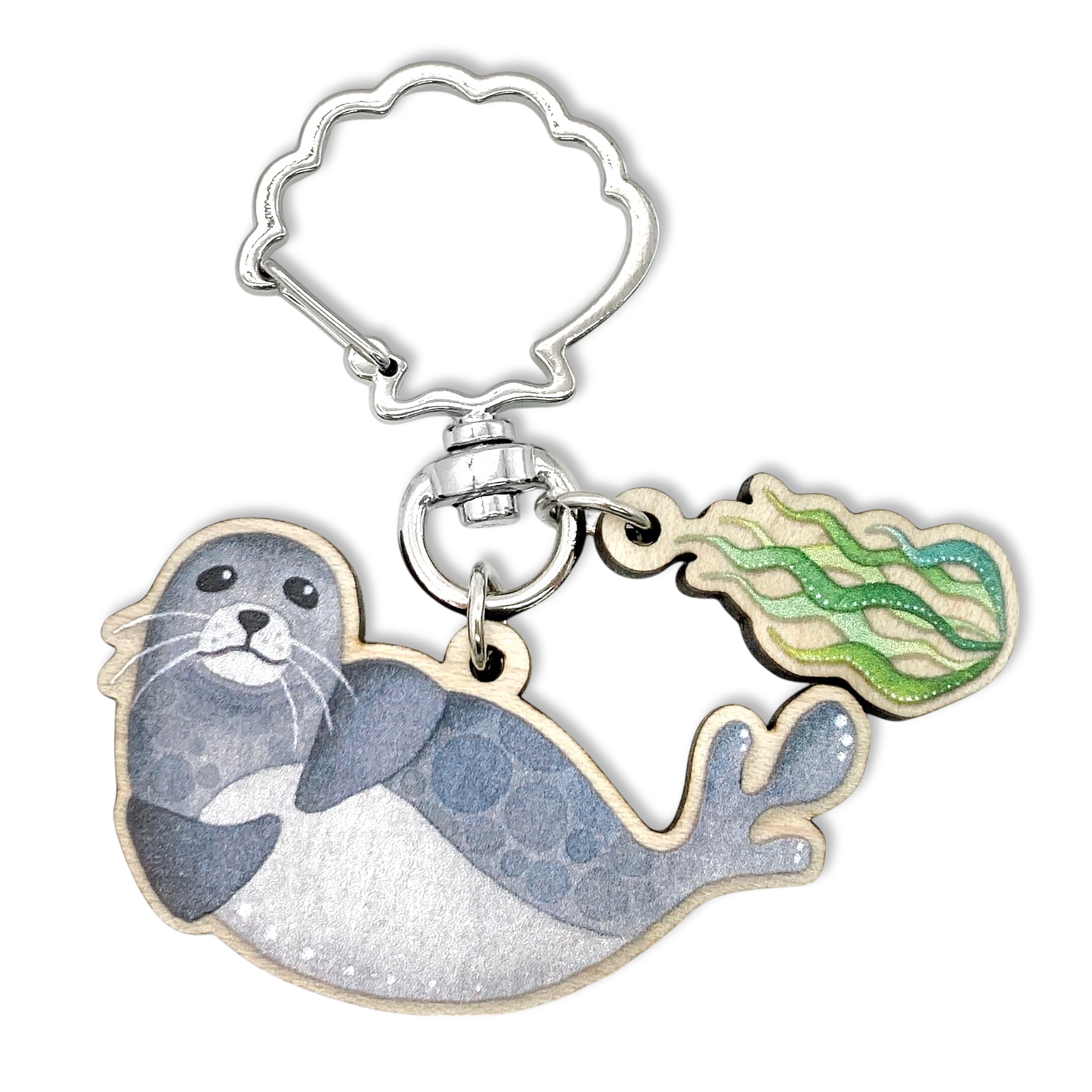 Wooden Keyring - Seal and Seaweed - Maple Wood Key Chain with Shell Clasp