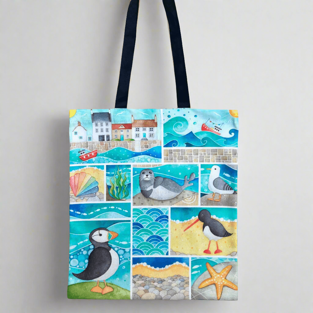 Seaside Shopping Bag - Cotton Tote Bag - Seagulls, Seals & Puffins - East Neuk Beach Crafts