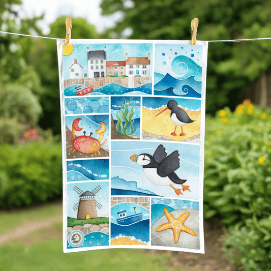 Seaside Tea Towel - Puffin, Oystercatcher - Cotton Coastal Kitchen Towels - East Neuk of Fife - East Neuk Beach Crafts