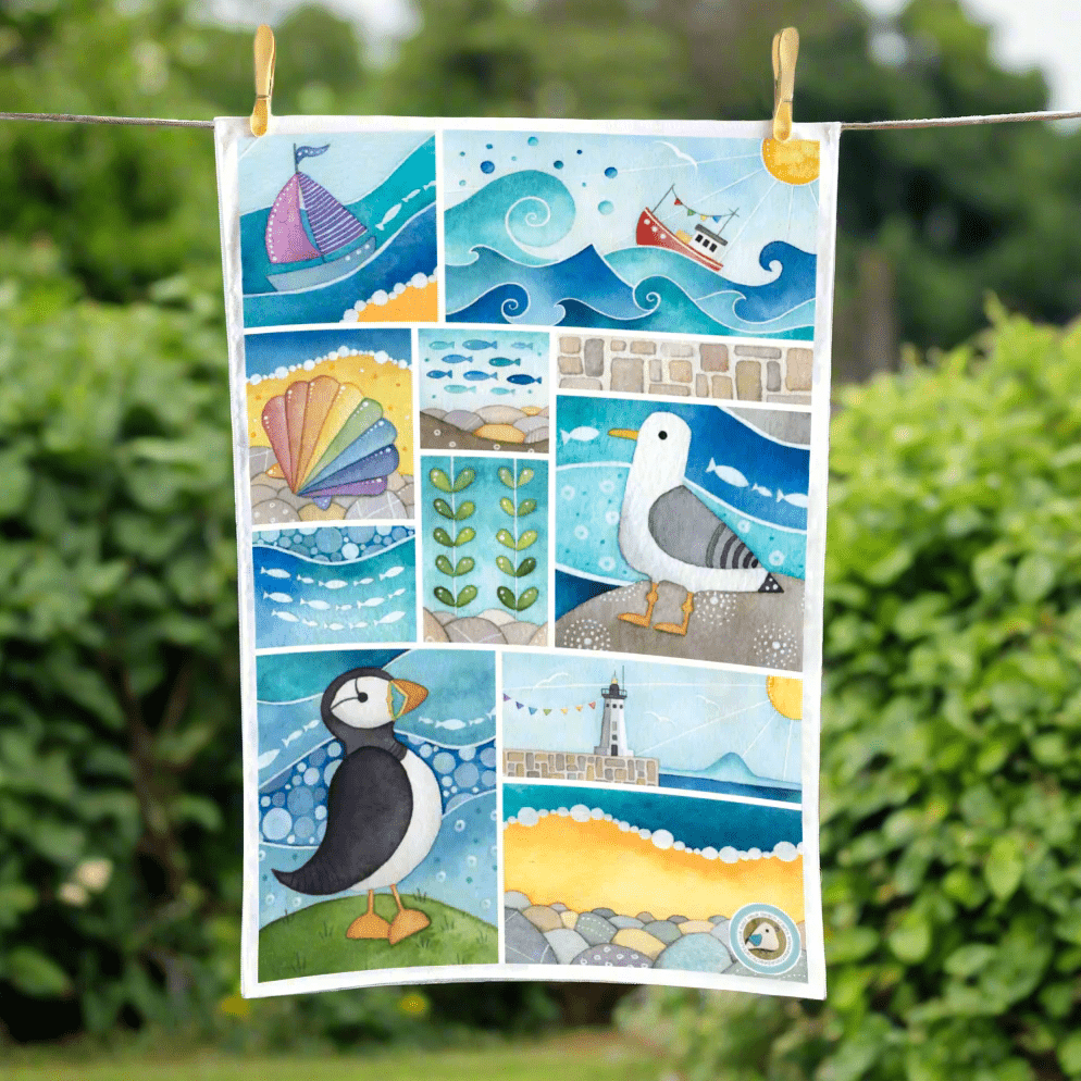 Seaside Tea Towel - Puffin, Seagull - Cotton Coastal Kitchen Towels - East Neuk of Fife - East Neuk Beach Crafts