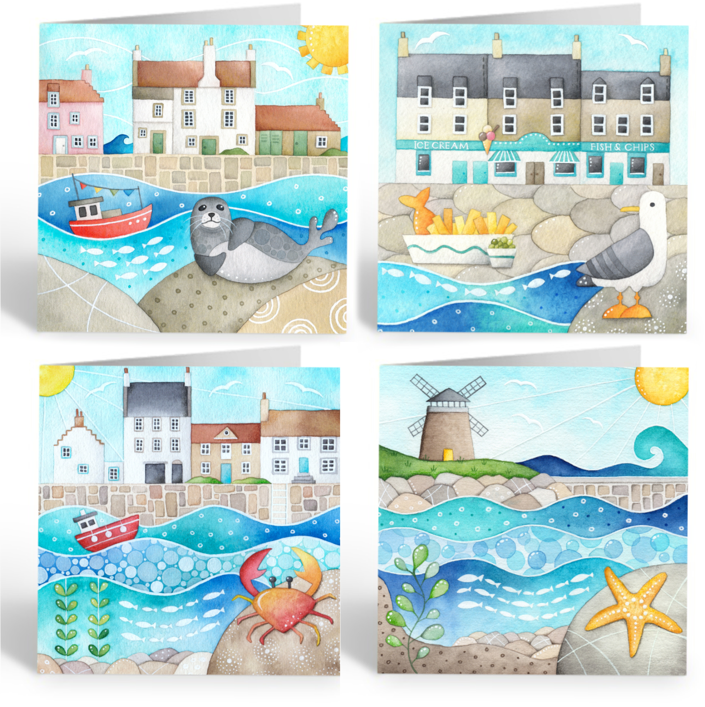 Greetings Cards (Pack of 4) - Seaside Art - Watercolour Paintings - East Neuk of Fife