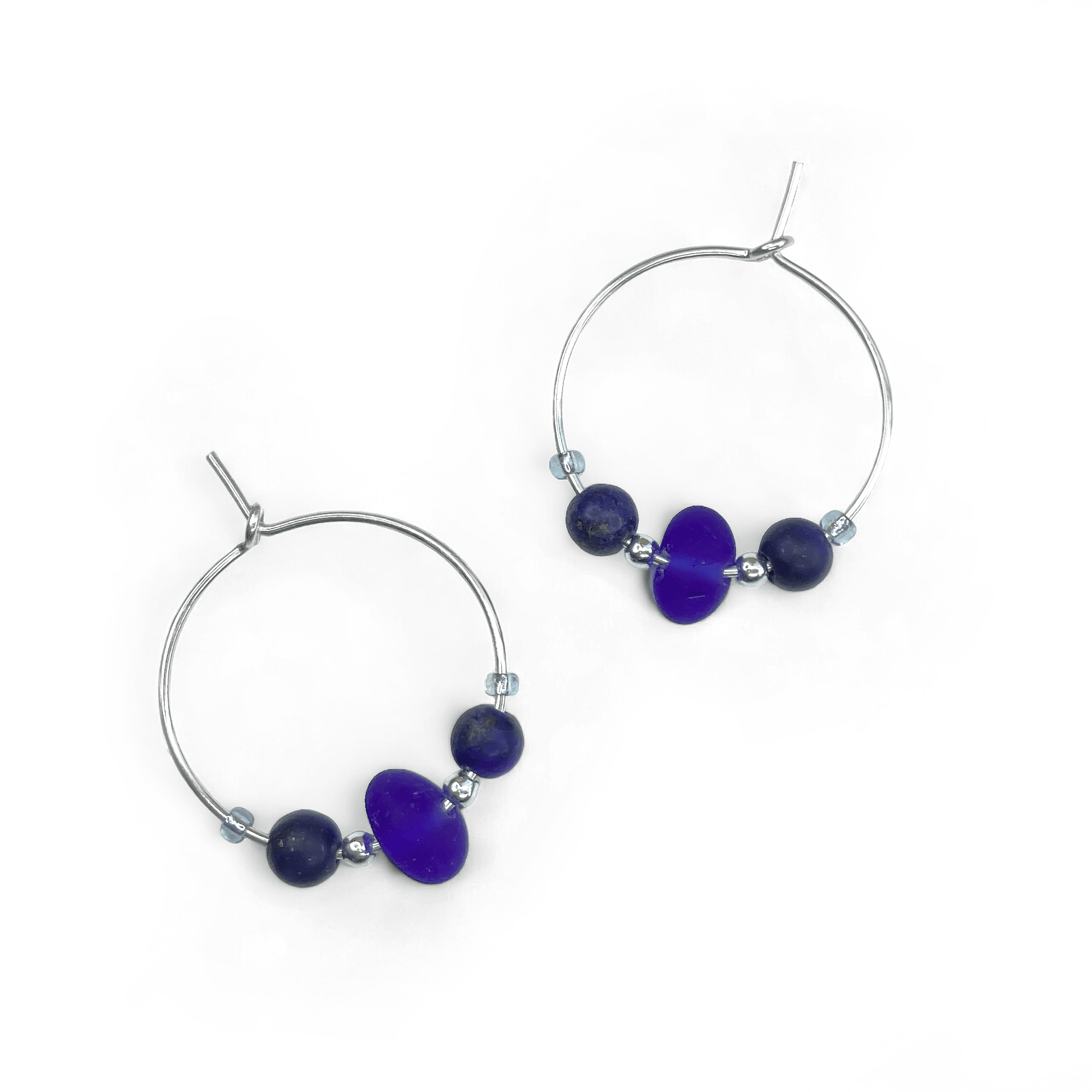 Small Sea Glass Hoop Earrings - Sterling Silver with Blue Lapis Lazuli Crystal Beads - East Neuk Beach Crafts