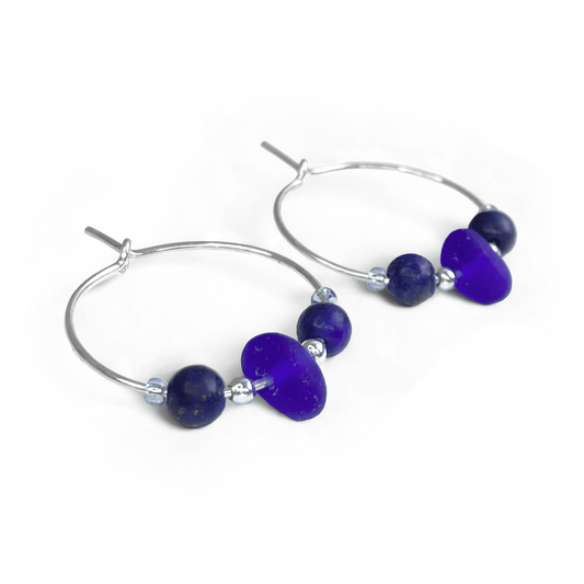 Small Sea Glass Hoop Earrings - Sterling Silver with Blue Lapis Lazuli Crystal Beads - East Neuk Beach Crafts