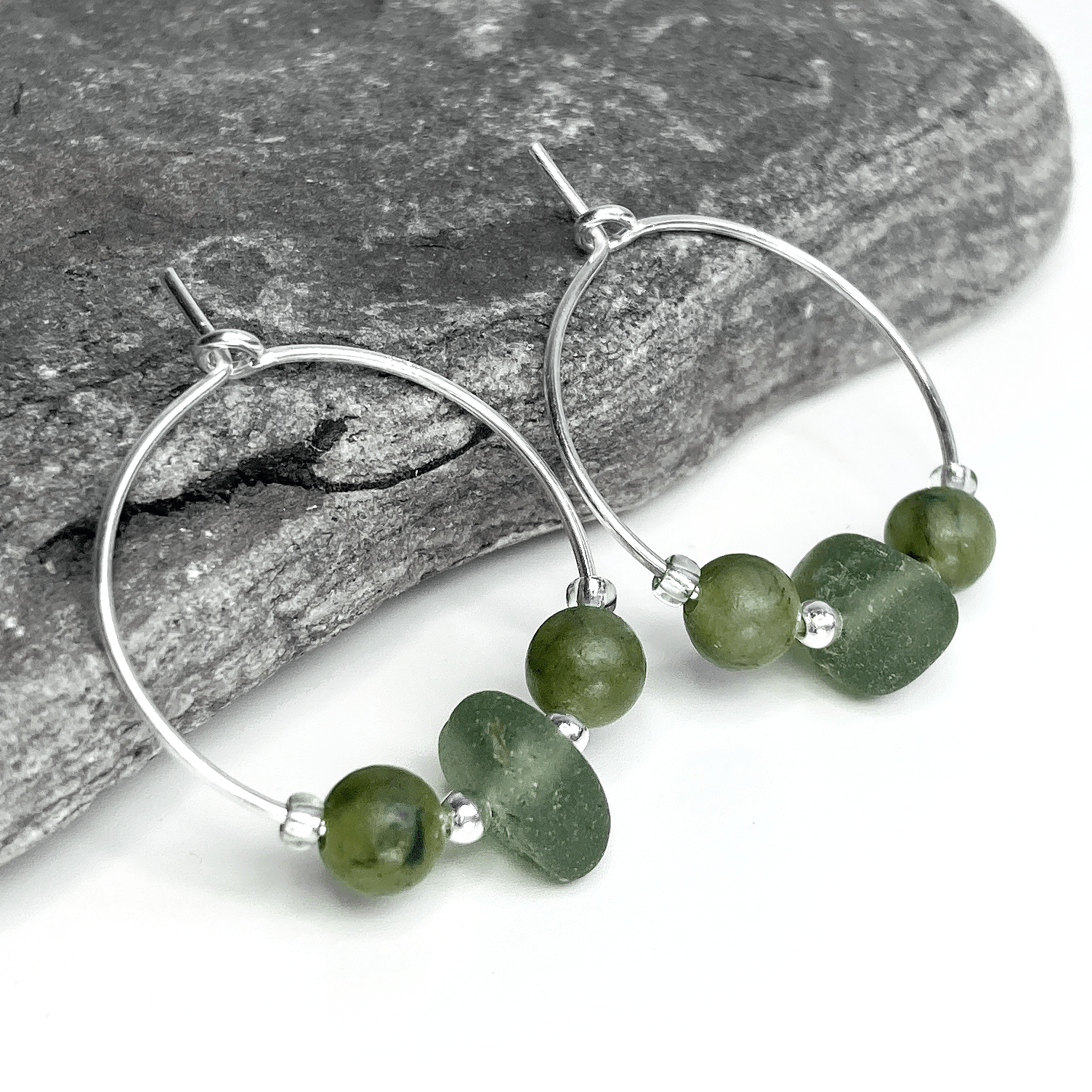 Small Sea Glass Hoop Earrings - Sterling Silver with Green Jade Crystal Beads - East Neuk Beach Crafts