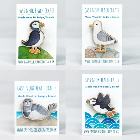 Wooden Pin Badge Set x4 - Puffins - Seal - Seagull - Brooches - Save £3